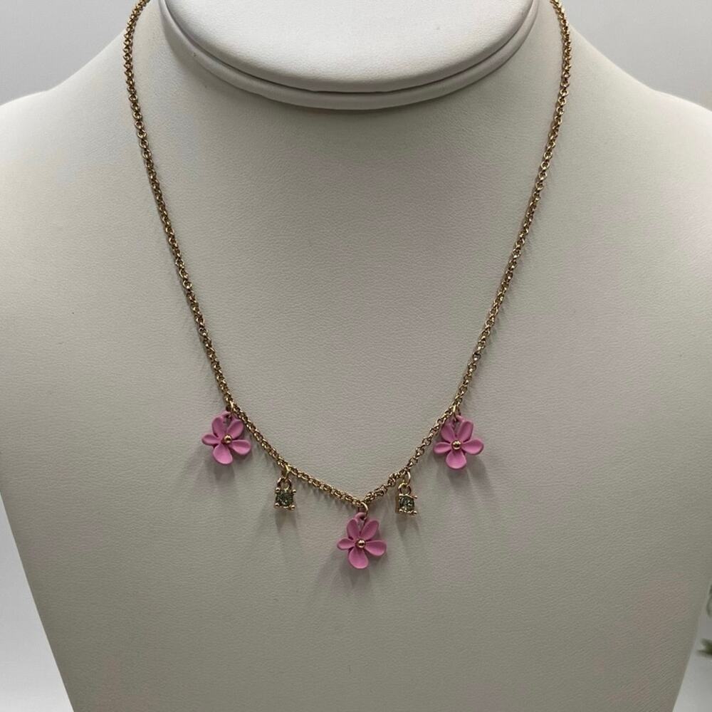 Betsey Johnson Pink
Rubberized 3 Triple Flower‎ Green Rhinestone Necklace
